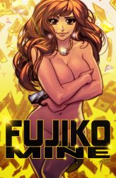Rule 34 | 1girl, bad id, bad twitter id, breasts, brown hair, cleavage, covering privates, covering breasts, earrings, finger on trigger, gun, handgun, jewelry, large breasts, lips, long hair, lupin iii, mine fujiko, moire, money, navel, necklace, nude, pearl necklace, pistol, robaato, smile, solo, weapon