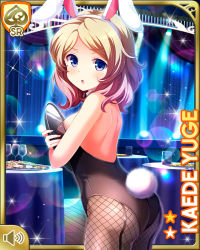 Rule 34 | 1girl, :o, animal ears, ass, black bow, black bowtie, black leotard, blonde hair, blue eyes, bow, bowtie, card, character name, fake animal ears, fake tail, girlfriend (kari), indoors, leotard, night, official art, open mouth, playboy bunny, qp:flapper, rabbit ears, rabbit tail, solo, standing, tagme, tail, yuge kaede