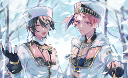 Rule 34 | 2boys, aqua eyes, black gloves, closed mouth, commentary request, ensemble stars!, fingerless gloves, fur trim, gloves, green hair, hair between eyes, hat, heterochromia, highres, itsuki shu, jewelry, kagehira mika, long sleeves, looking at viewer, male focus, multiple boys, necklace, official alternate costume, open mouth, pink hair, purple eyes, short hair, snowing, teeth, upper body, upper teeth only, valkyrie (ensemble stars!), wednesday 108, yellow eyes