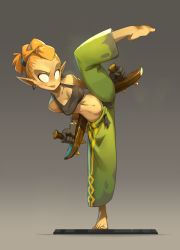 Rule 34 | 1girl, baggy pants, barefoot, baton tonfavik, black gloves, breasts, cleavage, dual wielding, earrings, fighting stance, forehead, full body, gloves, green pants, grey background, halterneck, halterneck, highres, holding, jewelry, lips, medium breasts, midriff, navel, no pupils, official art, orange hair, pants, plantar flexion, pointy ears, pompadour, sacrier, short hair, solo, split, standing, standing on one leg, striped, toes, toned, tonfa, vertical stripes, waven, weapon, xaxaxa