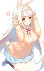 Rule 34 | 1girl, animal ears, black legwear, blue skirt, blush, breasts, cynthia riddle, dress shirt, hands up, heart, highres, loafers, long hair, long sleeves, looking at viewer, medium breasts, original, p19, pleated skirt, rabbit ears, rabbit girl, rabbit tail, red eyes, ribbon, school uniform, shirt, shoes, simple background, skirt, smile, solo, spoken heart, sweater, tail, very long hair, virtual youtuber, white background, white hair, white shirt, wing collar, yellow sweater
