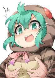 Rule 34 | 10s, 1girl, @ @, animal hood, aqua eyes, aqua hair, blush, grabbing another&#039;s breast, disembodied limb, fun bo, grabbing, grabbing own breast, hood, kemono friends, neck ribbon, open mouth, pink ribbon, ribbon, simple background, smile, solo focus, tears, tsuchinoko (kemono friends), upper body, wavy mouth, white background