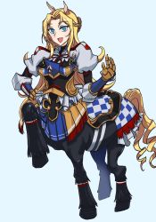Rule 34 | 1girl, :d, animal ears, armor, black bodysuit, blonde hair, blue background, blue eyes, blue skirt, bodysuit, braid, breasts, centaur, commentary request, drill hair, french braid, full body, gauntlets, hand on own hip, highres, horse ears, horse tail, iyahon no gomu, large breasts, long hair, looking at viewer, monster girl, monster musume no oisha-san, neck ribbon, open mouth, parted bangs, procreate (medium), puffy short sleeves, puffy sleeves, red ribbon, ribbon, saddle, short sleeves, sidelocks, simple background, skirt, smile, solo, standing, standing on three legs, tail, taur, tisalia scythia
