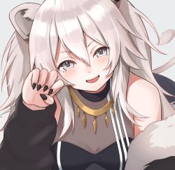 Rule 34 | 1girl, animal ears, bare shoulders, blush, breasts, cleavage, fangs, fur-trimmed jacket, fur trim, gao, grey eyes, grey hair, hair between eyes, highres, hololive, jacket, jewelry, lion ears, lion tail, long hair, looking at viewer, medium breasts, nail polish, necklace, open mouth, ringopan, see-through, see-through cleavage, shishiro botan, shishiro botan (1st costume), solo, tail, virtual youtuber