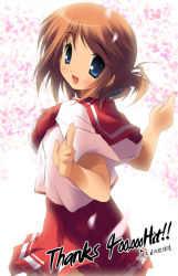 Rule 34 | 00s, 1girl, blue eyes, brown hair, cowboy shot, folded ponytail, from behind, kantoku, komaki manaka, looking at viewer, looking back, outstretched arms, pleated skirt, school uniform, serafuku, skirt, solo, spread arms, to heart (series), to heart 2