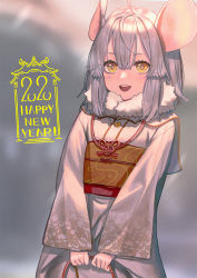 Rule 34 | 1girl, 2020, :d, animal ears, blurry, blurry background, brown eyes, chinese zodiac, commentary request, depth of field, eyebrows hidden by hair, fur collar, grey hair, hair between eyes, happy new year, highres, holding, japanese clothes, kimono, long sleeves, looking at viewer, mouse ears, new year, obi, open mouth, original, round teeth, sash, sleeves past wrists, smile, solo, teeth, ukimesato, upper body, upper teeth only, v arms, white kimono, wide sleeves, year of the rat