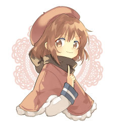 Rule 34 | 1girl, brown eyes, brown hair, capelet, floral print, fur trim, hair ornament, hairclip, highres, ikazuchi (kancolle), kantai collection, long sleeves, looking at viewer, matching hair/eyes, pointing, pointing up, scarf, school uniform, serafuku, short hair, simple background, smile, solo, white background, zuho (vega)