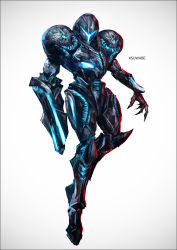 Rule 34 | 1girl, arm cannon, armor, artist name, claws, dark samus, facing viewer, full armor, full body, glowing, grey background, helmet, k-suwabe, metroid, metroid prime, nintendo, power armor, simple background, solo, weapon
