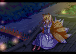 Rule 34 | 1girl, adjusting hair, alternate hairstyle, animal ears, arms behind head, barefoot, blonde hair, bridge, dress, female focus, fox ears, fox tail, letterboxed, long hair, mouth hold, multiple tails, night, no headwear, no headwear, river, rooftop, sitting, slit pupils, solo, tail, tamahana, touhou, yakumo ran, yellow eyes