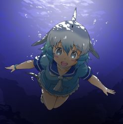 Rule 34 | 1girl, blowhole, blue hair, blue neckerchief, bracelet, cetacean tail, commentary request, common bottlenose dolphin (kemono friends), dorsal fin, dress, fins, fish tail, frilled dress, frills, grey hair, jewelry, kemono friends, kemono friends 2, looking at viewer, multicolored hair, neckerchief, sailor collar, sailor dress, short hair, short sleeves, solo, swimming, tail, tona49jt, underwater