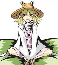 Rule 34 | 1girl, :o, bad id, bad pixiv id, blonde hair, butterfly sitting, cushion, green eyes, hands in opposite sleeves, highres, knees, long sleeves, matsukei, moriya suwako, open mouth, pyonta, sandals, sitting, sleeves past wrists, solo, toes, touhou