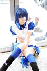 Rule 34 | 1girl, apron, arms between legs, asian, black footwear, blue eyes, blue gloves, blue hair, blue socks, boots, collar, color contacts, cosplay, cross, dutch angle, eyepatch, gloves, highres, ikkitousen, indoors, kneehighs, knees together feet apart, looking at viewer, maid, maid apron, namada, on floor, photo (medium), puffy short sleeves, puffy sleeves, reflection, ryomou shimei, ryomou shimei (cosplay), short sleeves, sitting, socks, solo focus
