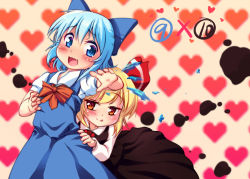 Rule 34 | 2girls, blonde hair, blue dress, blue eyes, blue hair, blush, bow, circled 9, cirno, dress, fang, gradient background, hair bow, hair ribbon, heart, heart background, ice, ice wings, licking lips, long sleeves, multiple girls, open mouth, puffy short sleeves, puffy sleeves, red eyes, ribbon, rumia, shirt, short sleeves, skirt, skirt set, smile, tongue, tongue out, touhou, vest, volcano (liao), wings, yuri