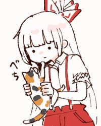 Rule 34 | 1girl, :|, animal, animated, animated gif, blunt bangs, bow, calico, cat, closed mouth, collared shirt, expressionless, from side, fujiwara no mokou, hair bow, holding, holding animal, holding cat, itomugi-kun, long hair, looking at animal, looping animation, no nose, pants, red pants, shirt, shirt tucked in, short sleeves, simple background, solid circle eyes, sound effects, straight hair, suspenders, torn clothes, torn sleeves, touhou, upper body, very long hair, white background, white bow, white hair, white shirt, wing collar