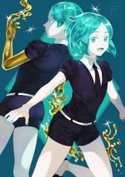 Rule 34 | 2others, androgynous, belt, blue background, blue nails, colored eyelashes, commentary request, crystal hair, gem uniform (houseki no kuni), golden arms, green eyes, green hair, highres, houseki no kuni, kaminr, looking at viewer, molten metal, multiple others, nail polish, necktie, open mouth, parted bangs, phosphophyllite, short hair, short sleeves, shorts, smile, sparkle