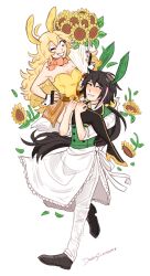 Rule 34 | 1boy, 1girl, ahoge, animal ears, apron, artist name, black footwear, black gloves, black hair, blonde hair, blush, boots, bouquet, bow, breasts, cleavage, commentary, dashingicecream, english commentary, fake animal ears, fingerless gloves, flower, full body, gloves, green nails, hand on own hip, headband, hetero, holding, holding bouquet, leotard, lie ren, long hair, medium breasts, nail polish, one eye closed, orange bow, pants, pink eyes, playboy bunny, ponytail, rabbit ears, rwby, smile, strapless, strapless leotard, sunflower, tareme, thigh boots, very long hair, waist apron, waiter, wavy hair, white apron, white background, white pants, wrist cuffs, yang xiao long, yellow leotard