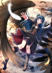 Rule 34 | 10s, 1girl, arm up, black dress, black feathers, black footwear, black socks, black wings, blue hair, blunt bangs, blurry, blush, cloud, depth of field, dress, fallen angel, falling, feathers, floating, floating object, frilled dress, frills, from above, full body, halo, hand on own chest, highres, juliet sleeves, kneehighs, long hair, long sleeves, love live!, love live! school idol festival, love live! sunshine!!, open mouth, outdoors, outstretched arm, pink eyes, puffy sleeves, round teeth, shoes, socks, solo, sunlight, swordsouls, teeth, tsushima yoshiko, very long hair, white feathers, wings