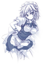 Rule 34 | 1girl, blue theme, bow, bowtie, braid, breasts, female focus, hair bow, hand on own hip, hip focus, izayoi sakuya, knife, leaning forward, looking at viewer, maid, maid headdress, monochrome, ribbon, short hair, sketch, smile, solo, throwing knife, tooya, touhou, touya (the-moon), twin braids, weapon, wrist ribbon