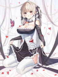 Rule 34 | 1girl, absurdres, azur lane, bare shoulders, between breasts, black butterfly, black dress, black nails, blonde hair, blush, breasts, bug, butterfly, cleavage, clothes lift, collarbone, commentary request, detached sleeves, dopoing, dress, dress lift, earrings, falling petals, formidable (azur lane), frilled dress, frills, hair ornament, hair ribbon, highres, insect, jewelry, large breasts, lifted by self, long hair, looking at viewer, nail polish, parted lips, petals, red butterfly, red eyes, ribbon, seiza, sitting, solo, thighhighs, twintails, two-tone dress, two-tone ribbon, very long hair, white thighhighs