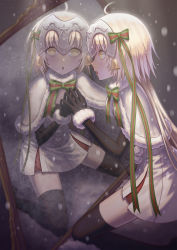 Rule 34 | 1girl, black gloves, blonde hair, fate/grand order, fate (series), gloves, hair ribbon, headpiece, highres, jeanne d&#039;arc alter (fate), jeanne d&#039;arc (fate), jeanne d&#039;arc alter santa lily (fate), long hair, looking at viewer, missin, reflection, ribbon, solo, thighhighs, yellow eyes, aged down