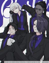 Rule 34 | 1girl, 3boys, angelica (project moon), astolfo (project moon), bbunny, black gloves, black hair, black jacket, black mask, black necktie, black pants, blue eyes, blue hair, blue shirt, collared shirt, couch, dark-skinned male, dark skin, formal, gloves, hair over one eye, holding, holding mask, jacket, library of ruina, long hair, long sleeves, looking at another, low ponytail, mask, matching outfits, multiple boys, necktie, olivier (project moon), pants, project moon, purple hair, roland (project moon), shirt, sitting, suit, sweat, very long hair, white hair, wing collar