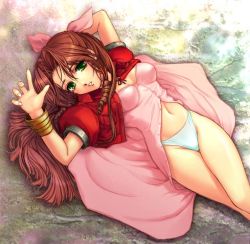 Rule 34 | 1990s (style), 1girl, aerith gainsborough, bow, clothes lift, cropped jacket, dress, dress lift, final fantasy, final fantasy vii, jacket, panties, pink bow, pink dress, retro artstyle, skirt, skirt lift, solo, underwear