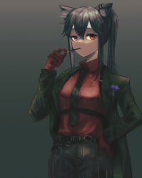 Rule 34 | 1girl, absurdres, aiv, animal ears, arknights, belt, black belt, black coat, black hair, black necktie, black shorts, breasts, coat, collared shirt, commentary request, cowboy shot, ear piercing, food, food in mouth, gloves, gradient background, grey background, hand on own hip, highres, holding, holding food, long hair, medium breasts, mouth hold, necktie, official alternate costume, open clothes, open coat, piercing, pocky, ponytail, red eyes, red gloves, red shirt, shirt, shorts, sidelocks, solo, texas (arknights), texas (willpower) (arknights), wolf ears, wolf girl