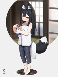 Rule 34 | 1girl, animal ear fluff, animal ears, bare arms, bare shoulders, barefoot, black hair, black pants, blush, bottle, collarbone, commentary request, fox ears, fox girl, fox tail, full body, green eyes, grey background, highres, holding, holding bottle, kuro kosyou, long hair, looking at viewer, original, pants, shirt, sleeveless, sleeveless shirt, solo, standing, tail, water bottle, white shirt, yui (kuro kosyou)