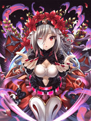 Rule 34 | 1girl, black background, breasts, broken mask, bubble, cleavage, commentary request, cosplay, crying, death (granblue fantasy), female focus, flower wreath, granblue fantasy, highres, idolmaster, idolmaster cinderella girls, kanzaki ranko, mask, medium breasts, medium hair, nail polish, navel, open mouth, parted lips, petals, red eyes, silver hair, skeleton, skull, solo, space, standing, streaming tears, tears, urabi (tomatohouse)