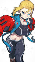 Rule 34 | 1girl, abs, artist name, black choker, black gloves, black pants, blonde hair, blue eyes, blue jacket, cammy white, choker, clenched hand, collarbone, facial scar, fingerless gloves, gloves, grey background, hata4564, highres, jacket, lips, looking at viewer, midriff, navel, open clothes, open jacket, pants, scar, scar on cheek, scar on face, short hair, solo, street fighter, street fighter 6