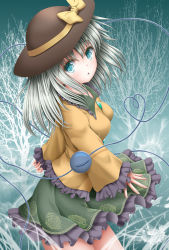 Rule 34 | 1girl, :o, akino irori, aqua hair, bare tree, blue eyes, breasts, brown hat, commentary, cowboy shot, frilled sleeves, frills, from above, from side, grass, green skirt, hat, hat ribbon, heart, heart of string, highres, komeiji koishi, long sleeves, looking at viewer, medium breasts, negative, petticoat, ribbon, shirt, short hair, skirt, sleeves past wrists, solo, standing, third eye, touhou, tree, yellow shirt