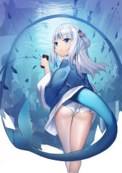 Rule 34 | 1girl, aquarium, aquarium tunnel, ass, bare legs, blue eyes, blue hair, blue hoodie, blunt bangs, can, eyelashes, fins, fish tail, from behind, fuyouchu, gawr gura, gawr gura (1st costume), hair ornament, highres, holding, holding can, hololive, hololive english, hood, hoodie, long hair, long sleeves, multicolored hair, no pants, panties, parted lips, shark girl, shark hair ornament, shark tail, silver hair, solo, streaked hair, tail, two side up, underwear, virtual youtuber, white panties, wide sleeves