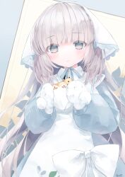 Rule 34 | .live, 1girl, absurdres, alternate costume, apron, blunt bangs, blush, bread, closed mouth, commentary request, cure na, food, grey eyes, grey hair, highres, holding, holding food, long hair, looking at viewer, merry milk, mittens, ribbon, signature, simple background, smile, virtual youtuber