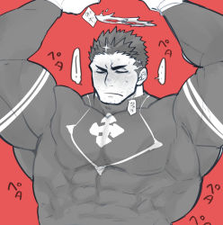 Rule 34 | 1boy, arms up, bad id, bad pixiv id, bara, blush, bodysuit, covered abs, facial hair, fire, flaming halo, halo, large pectorals, male focus, mature male, muscular, muscular male, nose blush, pectorals, po fu, red background, red theme, short hair, sideburns, skin tight, small head, stubble, sweatdrop, tokyo houkago summoners, translation request, zabaniyya (housamo)