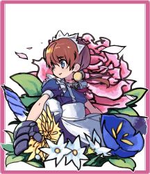 Rule 34 | apron, arcana heart, blue eyes, boxing gloves, brown hair, earrings, fiona mayfield, flower, gianoa, gloves, grey gloves, highres, jewelry, leaf, maid, maid apron, maid headdress, rose, short hair, short twintails, simple background, solo, standing, twintails