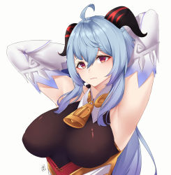 Rule 34 | 1girl, alternate breast size, armpits, arms up, azuri909, bare shoulders, bell, blue hair, bodysuit, breasts, cowbell, detached sleeves, ganyu (genshin impact), genshin impact, goat horns, highres, horns, large breasts, long sleeves, looking at viewer, red eyes, simple background, sleeveless, solo, upper body, white background