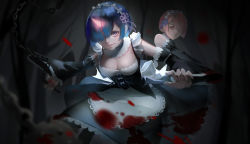 Rule 34 | 10s, 2girls, absurdres, apron, ball and chain (weapon), bare tree, blood, blood on clothes, blue eyes, blue hair, blue ribbon, bow, breasts, chain, cleavage, closed mouth, cowboy shot, dark, detached sleeves, dress, forest, frown, glowing, hair ornament, hair over one eye, hair ribbon, hairband, highres, holding, holding weapon, horns, kamachi kamachi-ko, lace-trimmed apron, lace trim, looking at viewer, maid, medium breasts, motion blur, multiple girls, nature, one eye covered, oni, oni horns, outstretched arms, pink hair, pink ribbon, ram (re:zero), re:zero kara hajimeru isekai seikatsu, red eyes, rem (re:zero), ribbon, ribbon-trimmed clothes, ribbon trim, short hair, siblings, single horn, sisters, smile, spoilers, tree, twins, underbust, waist apron, weapon, white apron, white bow, wide sleeves, x hair ornament