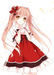 Rule 34 | 1girl, bow, brown eyes, brown hair, dress, hair bow, heart, long hair, looking at viewer, mochizuki shiina, original, puffy short sleeves, puffy sleeves, red dress, short sleeves, solo, twintails, valentine, very long hair