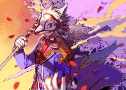 Rule 34 | 10s, animal ears, bad id, bad pixiv id, chain chronicle, claws, gradient background, male focus, mask, momo alto, necktie, petals, solo, weapon, white hair