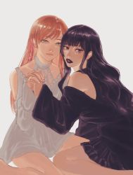 Rule 34 | 2girls, bare legs, black dress, blue eyes, closed mouth, collarbone, commentary request, dress, final fantasy, final fantasy xiv, gaia (ff14), grey background, highres, holding hands, hyur, long hair, long sleeves, looking at viewer, multiple girls, orange hair, parted lips, partial commentary, purple eyes, purple hair, red lips, ryne waters, simple background, sitting, wanupani (k), wariza, white dress, yuri