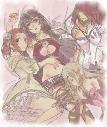 Rule 34 | 4girls, abs, absurdres, bad id, bad pixiv id, bandaged arm, bandages, bed, belt, breasts, cleavage, cleavage cutout, clothing cutout, commentary request, eleanor hume, elf, female focus, harem, highres, kawauso (horoyoi48), magilou (tales), multiple girls, navel, pointy ears, seres (tales), tales of (series), tales of berseria, thighhighs, torn clothes, underboob, velvet crowe, yuri