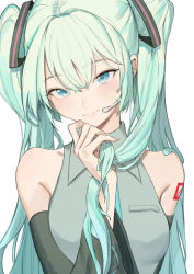 Rule 34 | 1girl, aqua eyes, aqua hair, bare shoulders, breasts, closed mouth, detached sleeves, freng, green hair, hair ornament, hand on own chin, hands in hair, hatsune miku, holding, holding own hair, idol, long hair, looking at viewer, medium breasts, microphone, necktie, simple background, sleeveless, smile, solo, tattoo, twintails, upper body, very long hair, vocaloid, white background, wide sleeves