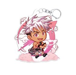 Rule 34 | 1boy, absurdres, character charm, charm (object), chibi, cloud, fang, fang out, feathers, full body, highres, jock studio (blits games), looking at viewer, male focus, merchandise, mikkoukun, nakajima yuuto, open mouth, pink eyes, pink tank top, shirt, short hair, smile, solo, tank top, transparent background, undercut, white hair, white shirt