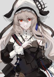 Rule 34 | 1girl, :d, arknights, black dress, black headwear, brown hair, detached sleeves, dress, hair between eyes, hand on own chest, highres, long hair, open mouth, parted lips, red eyes, simple background, sketch, sleeve cuffs, smile, solo, specter (arknights), specter the unchained (arknights), very long hair, white background, youqichuan yq.