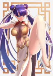 Rule 34 | 1girl, blue eyes, blunt bangs, blush, breasts, china dress, chinese clothes, cleavage, covered navel, double bun, dress, earrings, fate/grand order, fate (series), fighting stance, gloves, grey background, hair bun, hair ribbon, heroic spirit traveling outfit, jewelry, kanki (kibunhasaikou), large breasts, leg up, legs, long hair, martha (fate), martha (traveling outfit) (fate), pelvic curtain, purple hair, ribbon, smile, solo, straight hair, thighs, twintails, very long hair, white dress, white footwear, white gloves, white ribbon