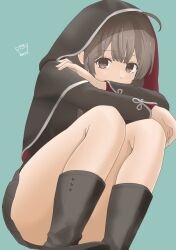 Rule 34 | 1girl, aio, black footwear, braid, brown dress, brown eyes, brown hair, capelet, convenient leg, crossed arms, dated, dress, highres, hood, hood up, hooded capelet, kantai collection, light smile, long hair, pleated dress, shinshuu maru (kancolle), signature, simple background, sitting, solo, thighs, twin braids