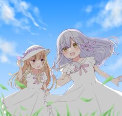Rule 34 | 2girls, :d, aged down, arm at side, assault lily, benini, blonde hair, blue sky, blunt bangs, blurry, blush, bow, braid, cloud, crossed bangs, day, depth of field, dress, feet out of frame, floating hair, frilled dress, frills, grass, grey hair, hair between eyes, hair ribbon, hand on headwear, hand up, hat, hat bow, highres, kon kanaho, long hair, looking at another, looking at object, miyagawa takane, multiple girls, open mouth, outdoors, puffy short sleeves, puffy sleeves, purple bow, purple eyes, purple ribbon, raised eyebrows, ribbon, short sleeves, side braid, sidelocks, sky, smile, standing, sun hat, white dress, white headwear, yellow eyes