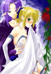 Rule 34 | 00s, 2girls, artoria pendragon (all), artoria pendragon (fate), blonde hair, blush, choker, clothes in mouth, clothes lift, dress, dress in mouth, dress lift, elbow gloves, fate/stay night, fate (series), gloves, gown, green eyes, groping, holding, lace, lace-trimmed panties, lace trim, medea (fate), mikami mika, mouth hold, multiple girls, official alternate costume, panties, pointy ears, purple hair, ribbon, saber (fate), strapless, strapless dress, thighhighs, underwear, white dress, white gloves, white panties, white thighhighs, yuri