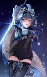 Rule 34 | 1girl, :d, absurdres, arms up, black leotard, black thighhighs, blue hair, cape, claymore (sword), commentary request, eula (genshin impact), genshin impact, greatsword, hair between eyes, hair ornament, hairband, highres, holding, holding sword, holding weapon, leotard, long hair, long sleeves, looking at viewer, open mouth, ryo-suzuki, sidelocks, smile, solo, standing, standing on one leg, sword, thighhighs, two-tone gloves, vision (genshin impact), weapon, yellow eyes, zettai ryouiki