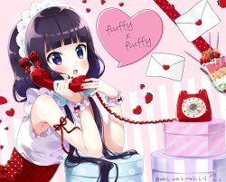 Rule 34 | :d, absurdres, antique phone, arm ribbon, blend s, blush, bow, box, commentary request, corded phone, dated, food, frilled shirt, frills, fruit, hair bow, hands up, headdress, heart, highres, holding, holding phone, letter, long hair, love letter, low twintails, nail polish, neki (wakiko), open mouth, parfait, phone, pocky, polka dot, polka dot bow, polka dot skirt, purple eyes, purple hair, red bow, red nails, red ribbon, red skirt, ribbon, rotary phone, sakuranomiya maika, scrunchie, shirt, skirt, sleeveless, sleeveless shirt, smile, solo, strawberry, talking on phone, teeth, twintails, twitter username, upper teeth only, very long hair, white scrunchie, white shirt, wrist scrunchie